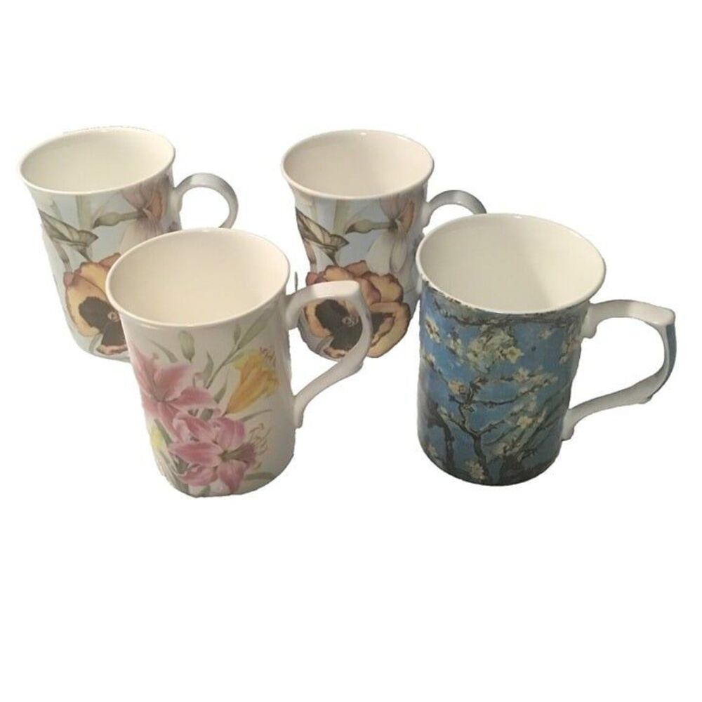 Stechcol Gracie Bone China Mugs Set of 4 - Floral & Van Gogh Almond Blossom